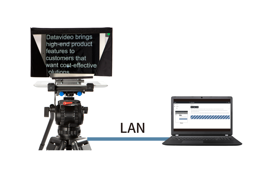 Teleprompter Datavideo TP-500 s notebookem pro ovládání scénáře v místní síti
