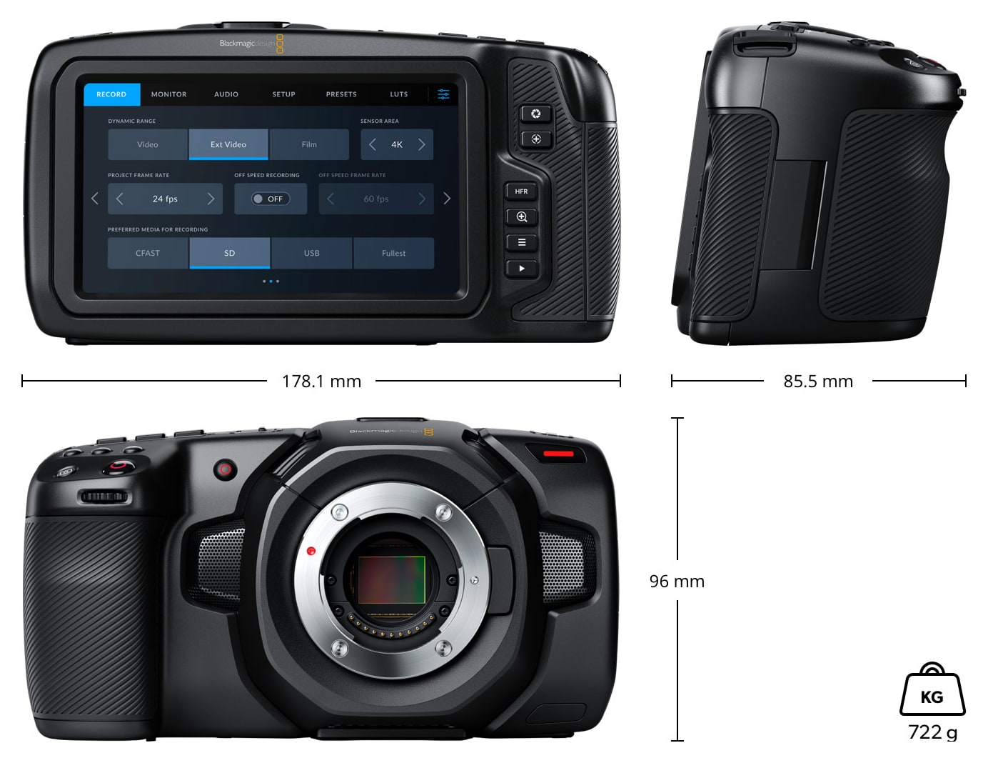 Blackmagic Pocket Cinema Camera 4K – Rozměry a hmotnost
